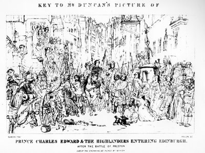 Clé du tableau de M. Duncan représentant le Prince Charles Édouard (1720-88) et les Highlanders entrant à Édimbourg après la bataille de Preston, 21 septembre 1745, gravée par Bacon - Thomas Duncan